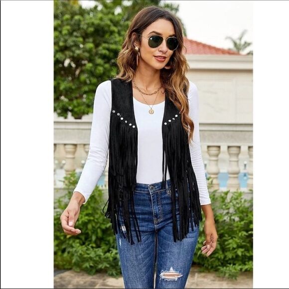 WOMEN'S TASSEL VEST FAUX SUEDE RIVETS - Picture 3 of 8